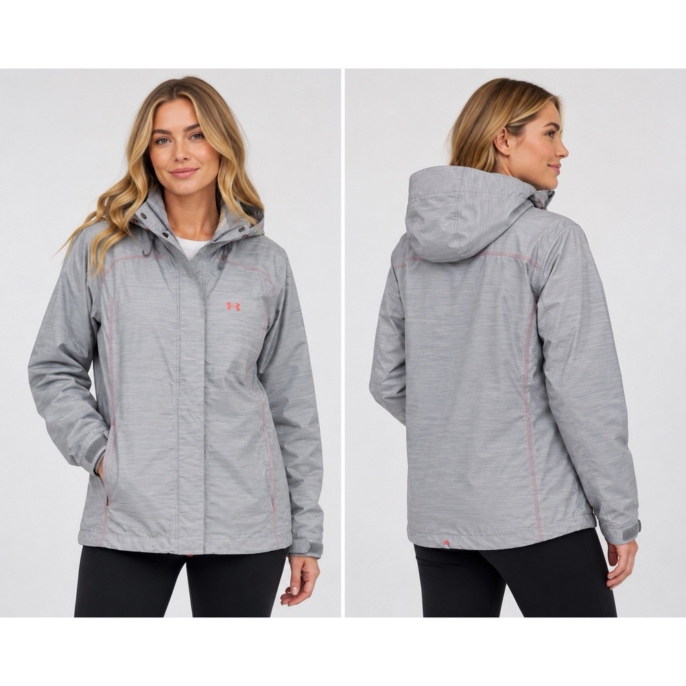 Under Armour Women's Gray Hooded Rain Jacket L Windbreaker Pink Logo Full Zip